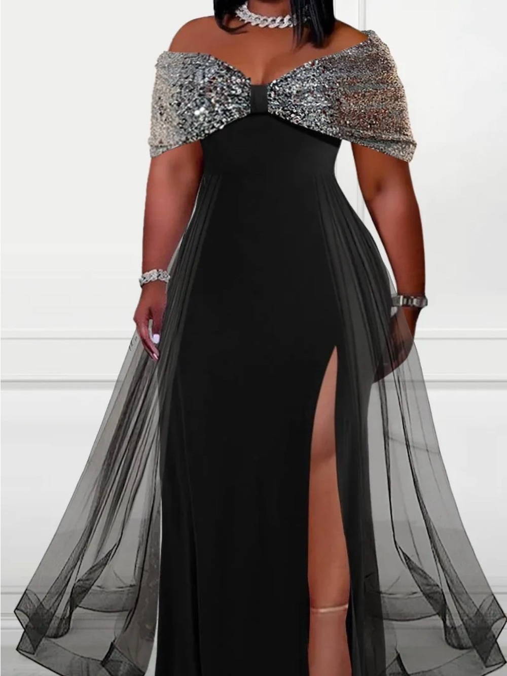 Off-Shoulder Black Evening Gown with Silver Sequin Capelet